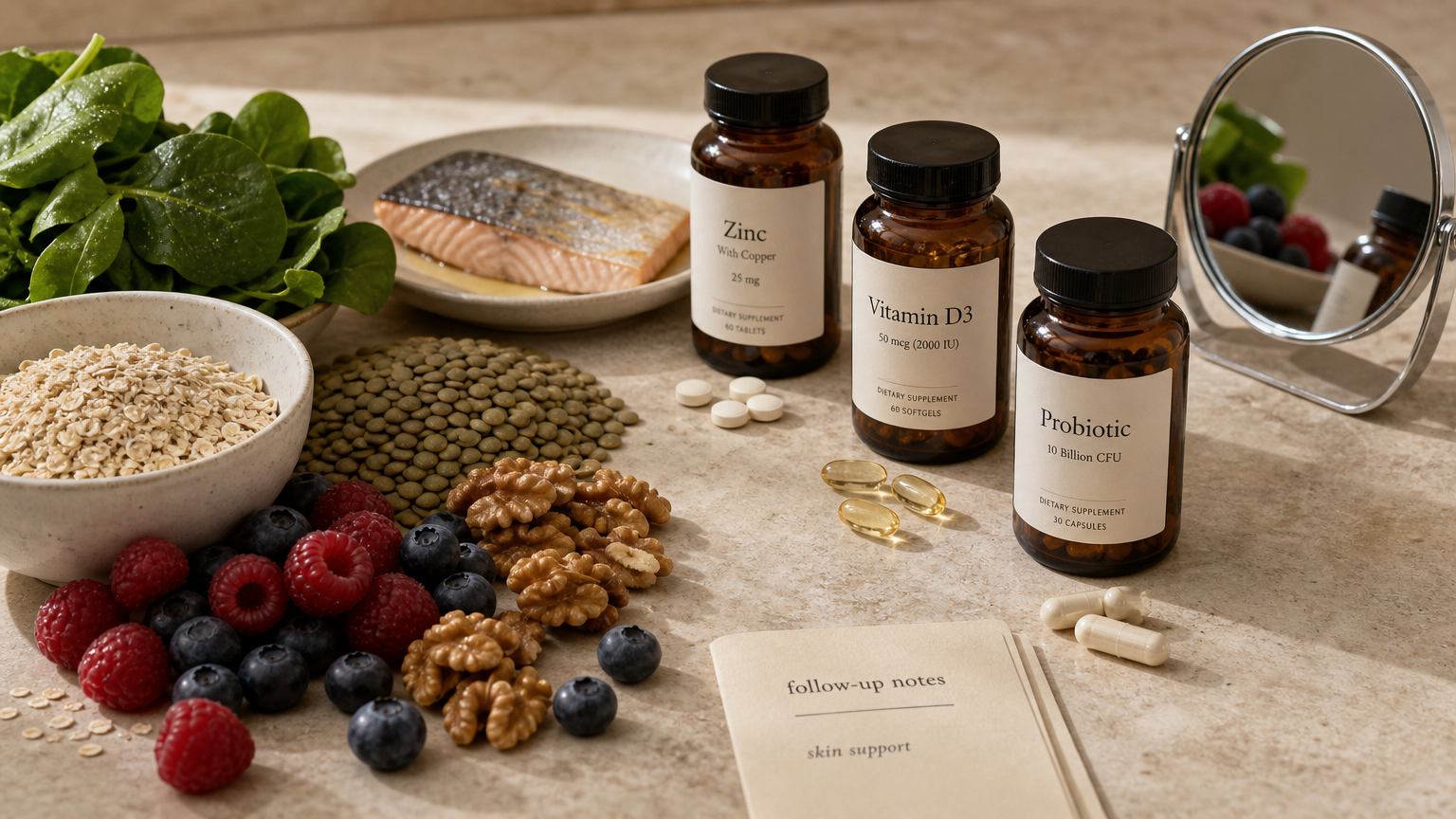 Lebensmittel mit niedriger glykämischer Last sowie Zink-, Vitamin-D- und Probiotika-Supplemente für einen Artikel über Akne und Ernährung.