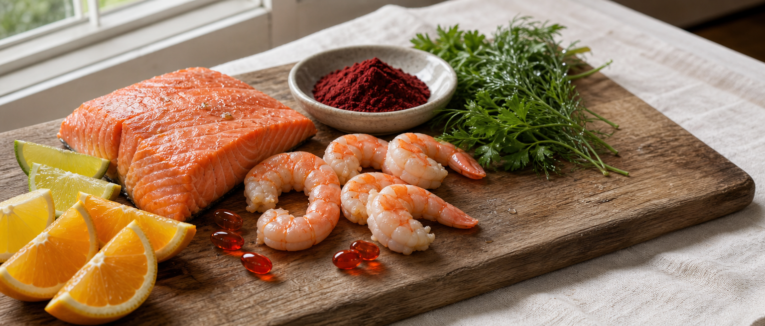 Lachs, Garnelen, rotes Mikroalgenpulver und Astaxanthin-Kapseln auf einem Holzbrett.