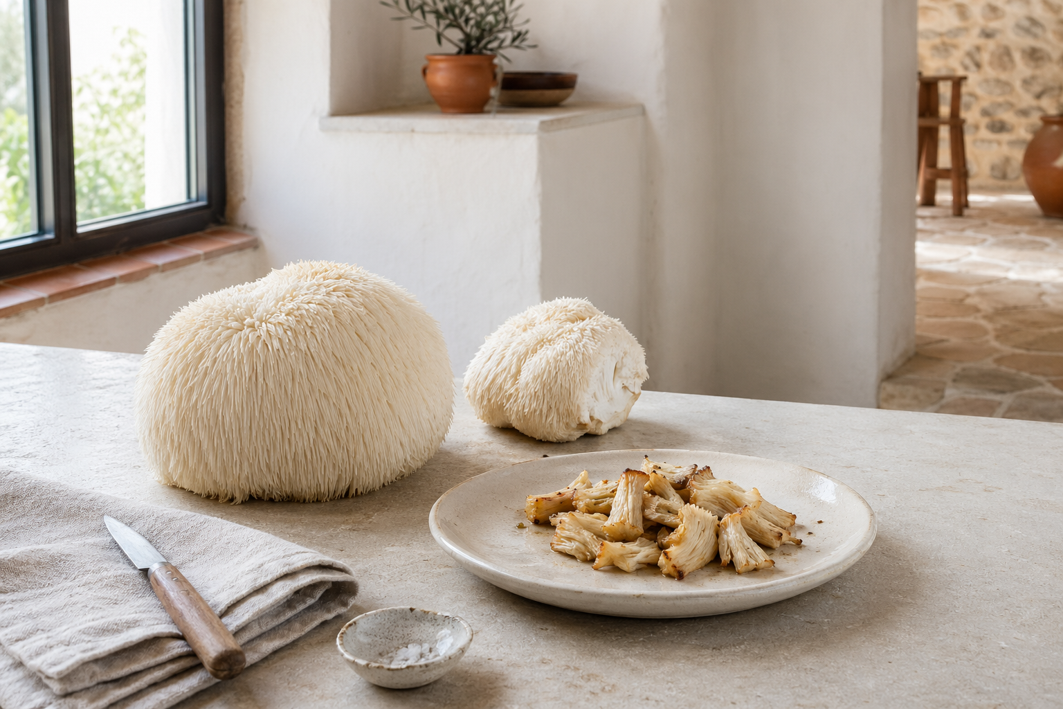 Frische Lion's-Mane-Pilze und ein angerichteter Teller auf einer Küchentheke