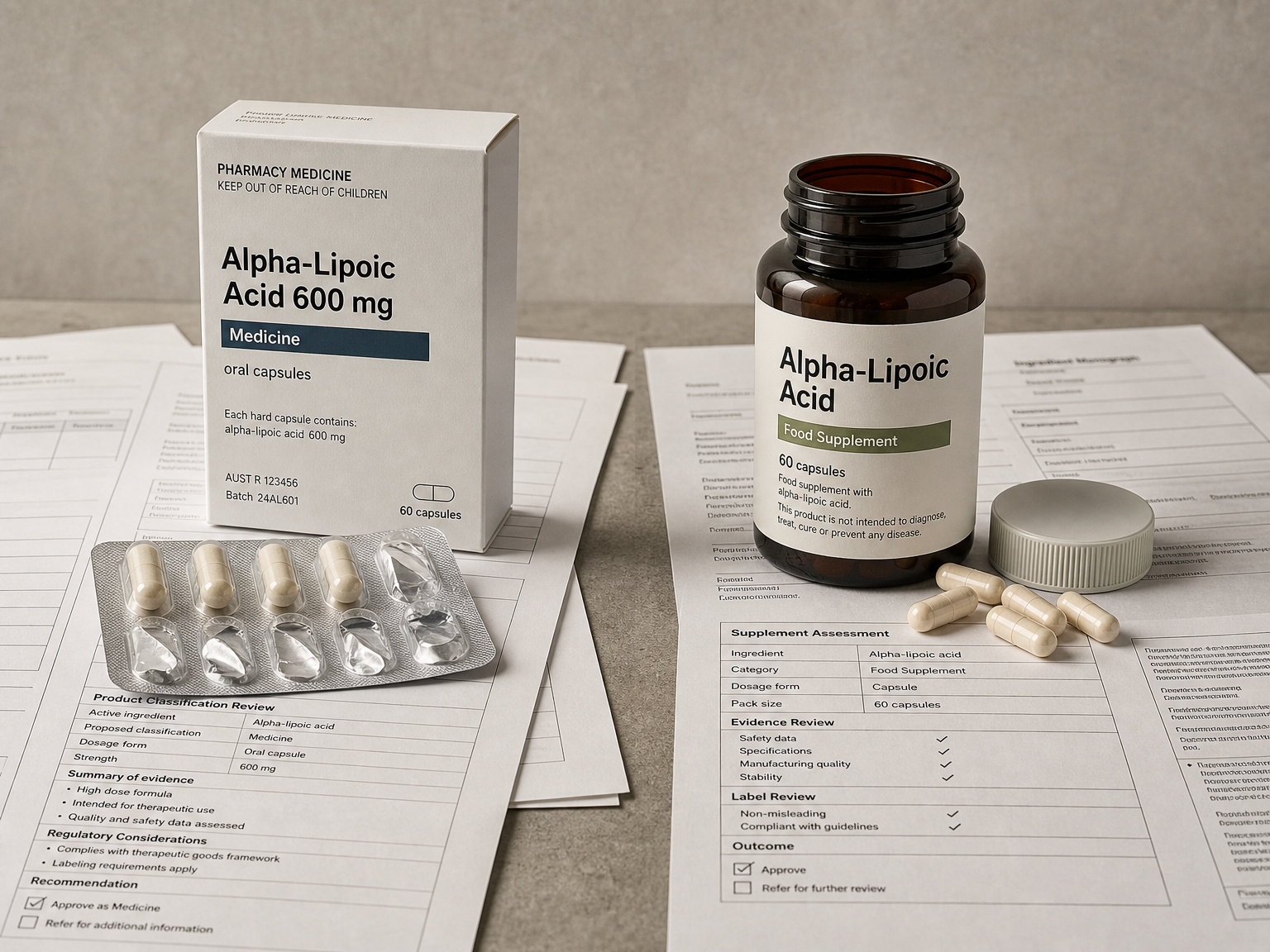 Generische Verpackung eines Alpha-Liponsäure-Arzneimittels neben einer Flasche mit Nahrungsergänzungsmittel; sie veranschaulicht verschiedene regulatorische Kategorien.