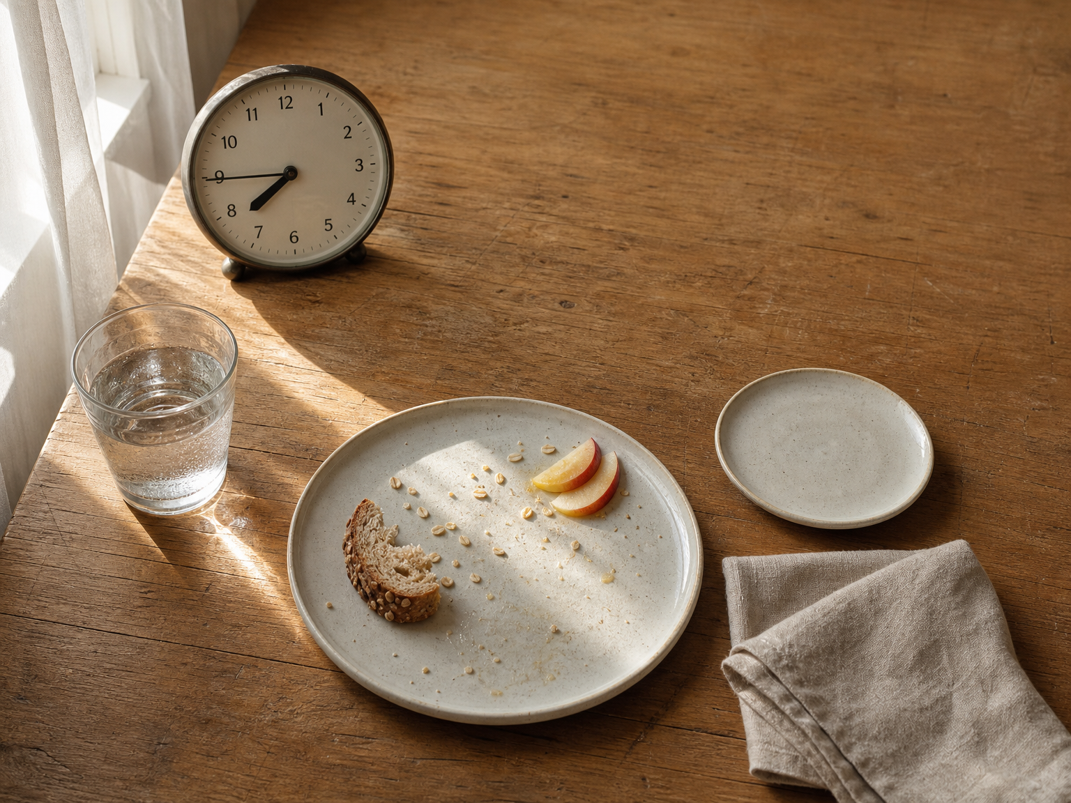 Uhr, Wasserglas und schlichtes Gedeck auf einem Holztisch als Symbol für Fasten- und Essenszyklen.