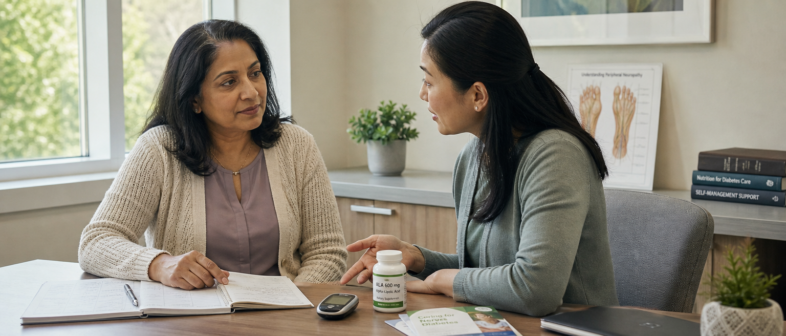 Woman discusses alpha-lipoic acid and glucose monitoring with a clinician at a clinic desk.