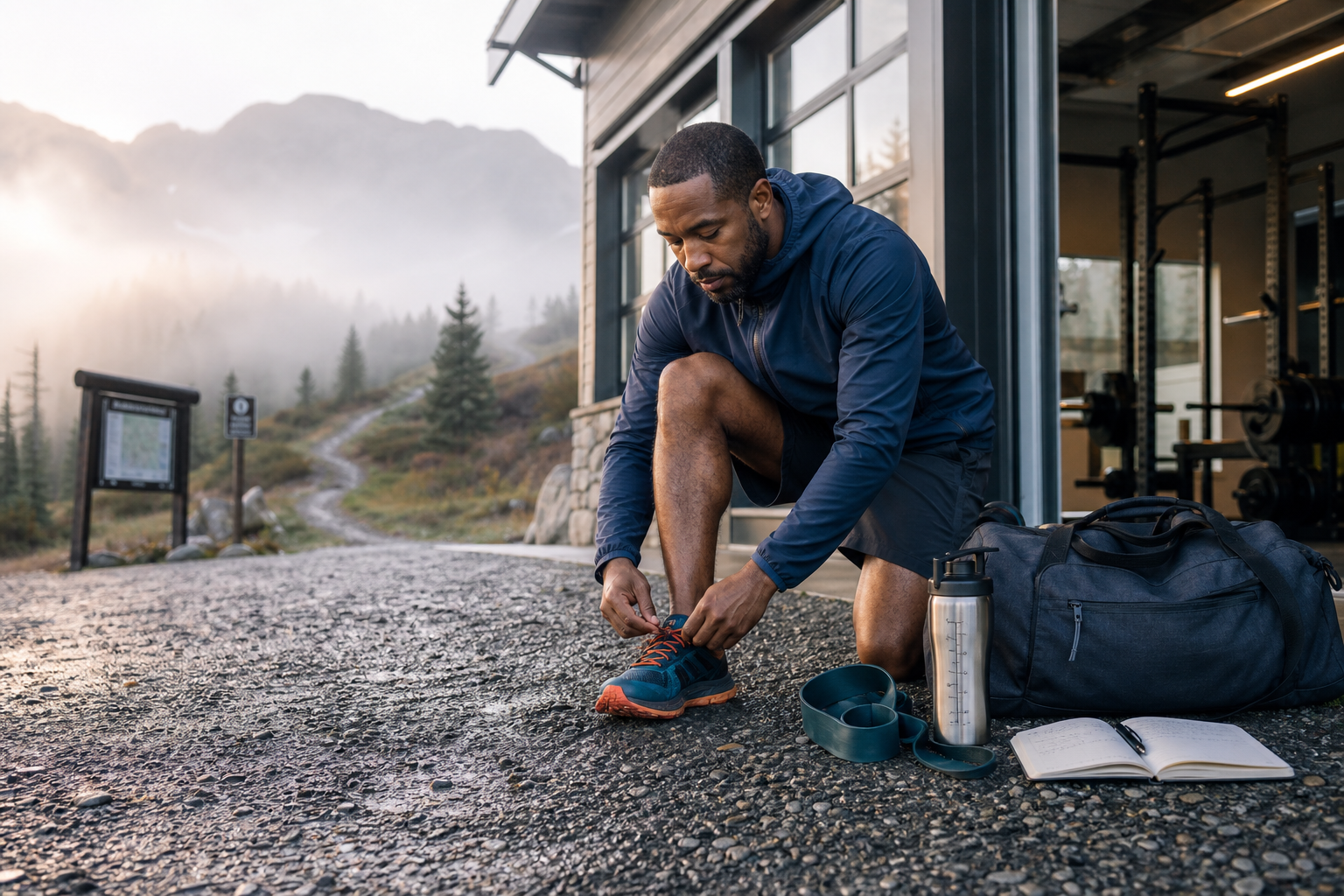 Athlete preparing for mixed training with shoes, weights and a shaker bottle nearby.