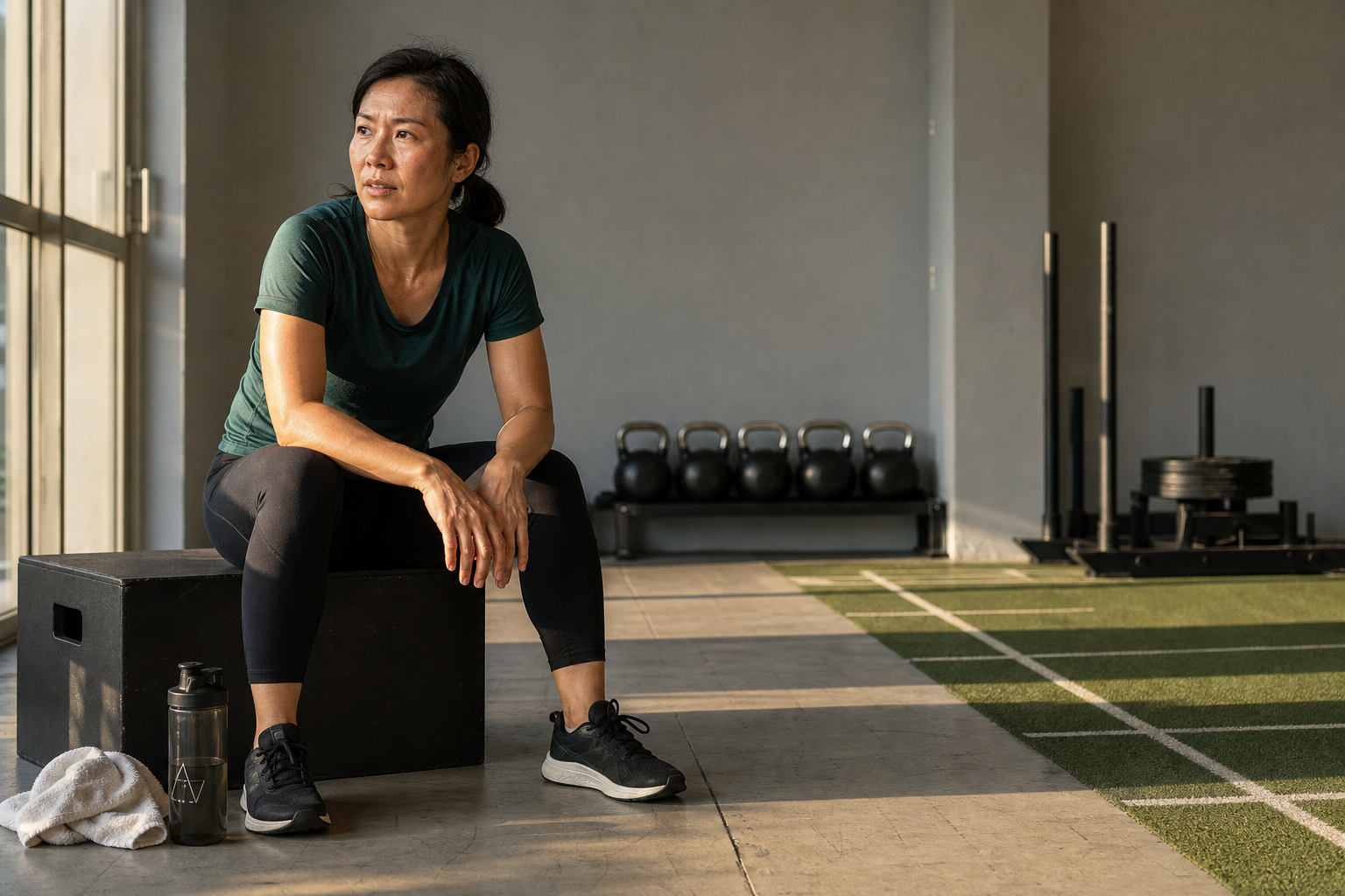 Masters athlete resting between repeated high-intensity gym efforts.
