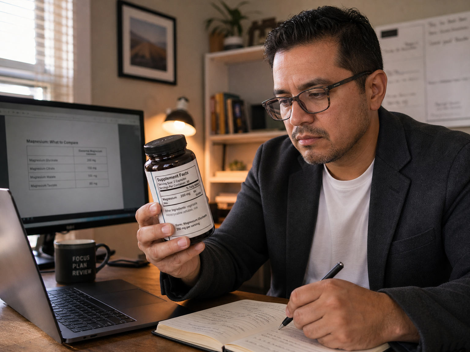 Man reading a generic magnesium supplement label to check the elemental magnesium amount.