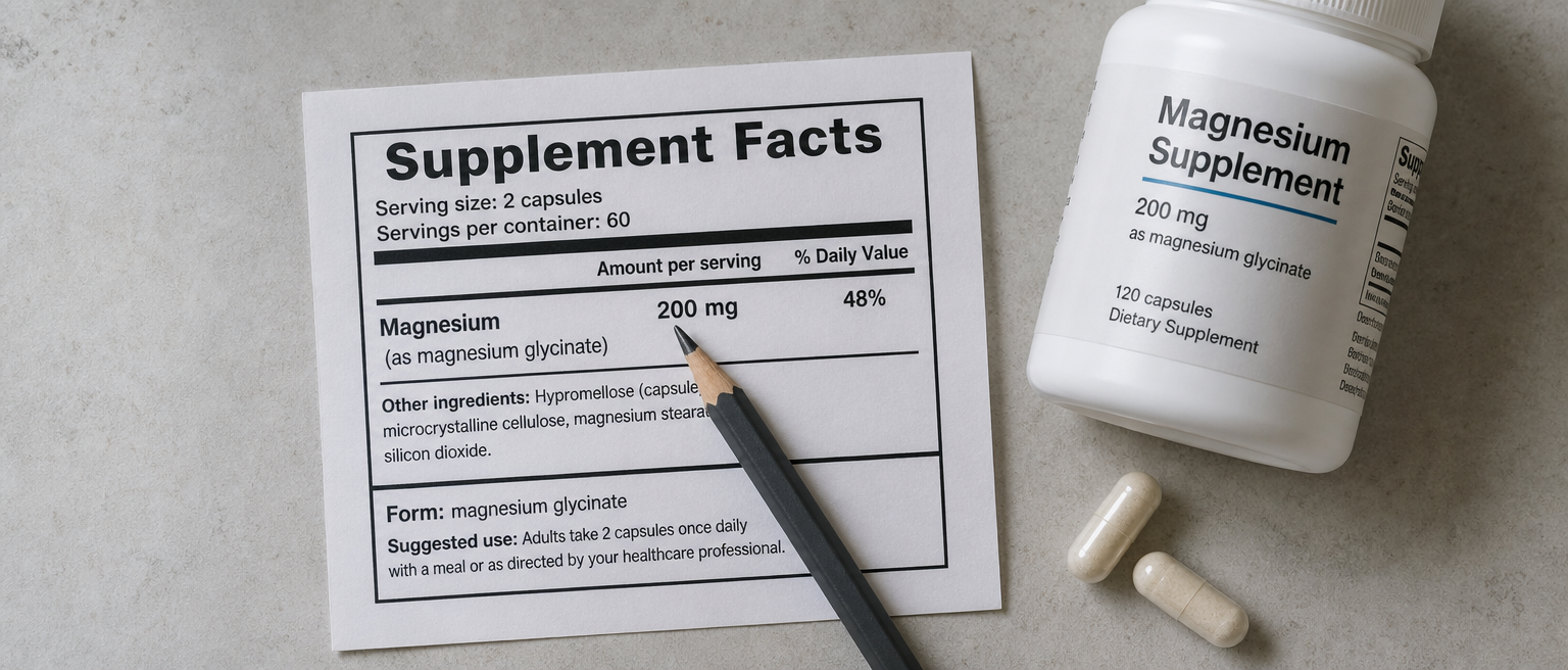 Generic Supplement Facts label highlighting the magnesium amount per serving.