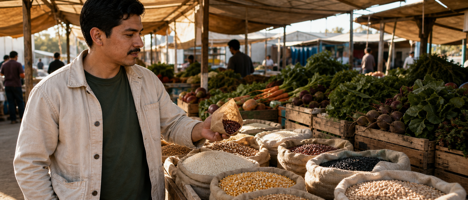 A shopper choosing beans and grains at a farmers' market, representing how local staples can reflect soil selenium.