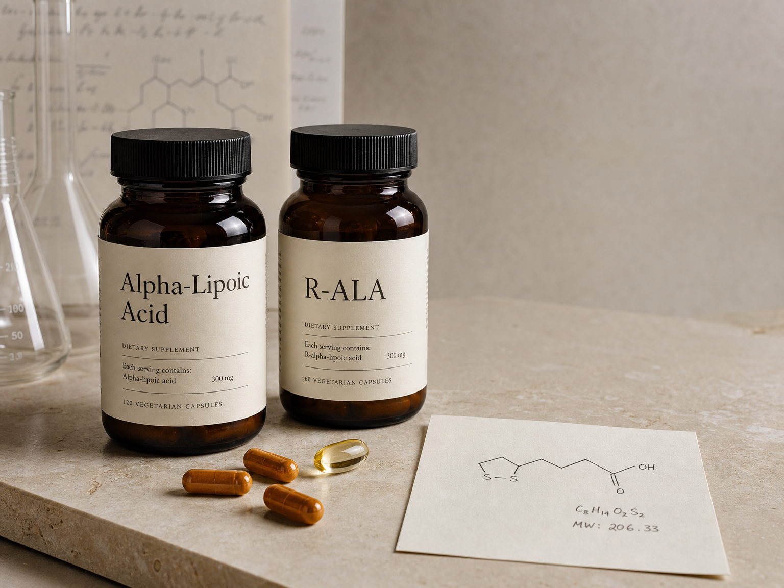 Generic R-ALA and alpha-lipoic acid supplement bottles with capsules on a neutral tabletop.