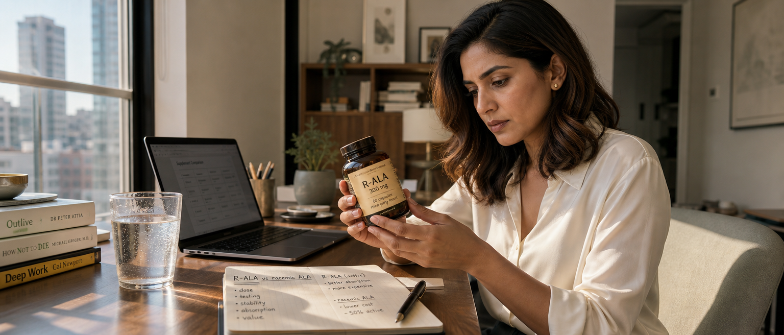 Woman checking the label on a generic R-ALA supplement bottle at a home office desk.