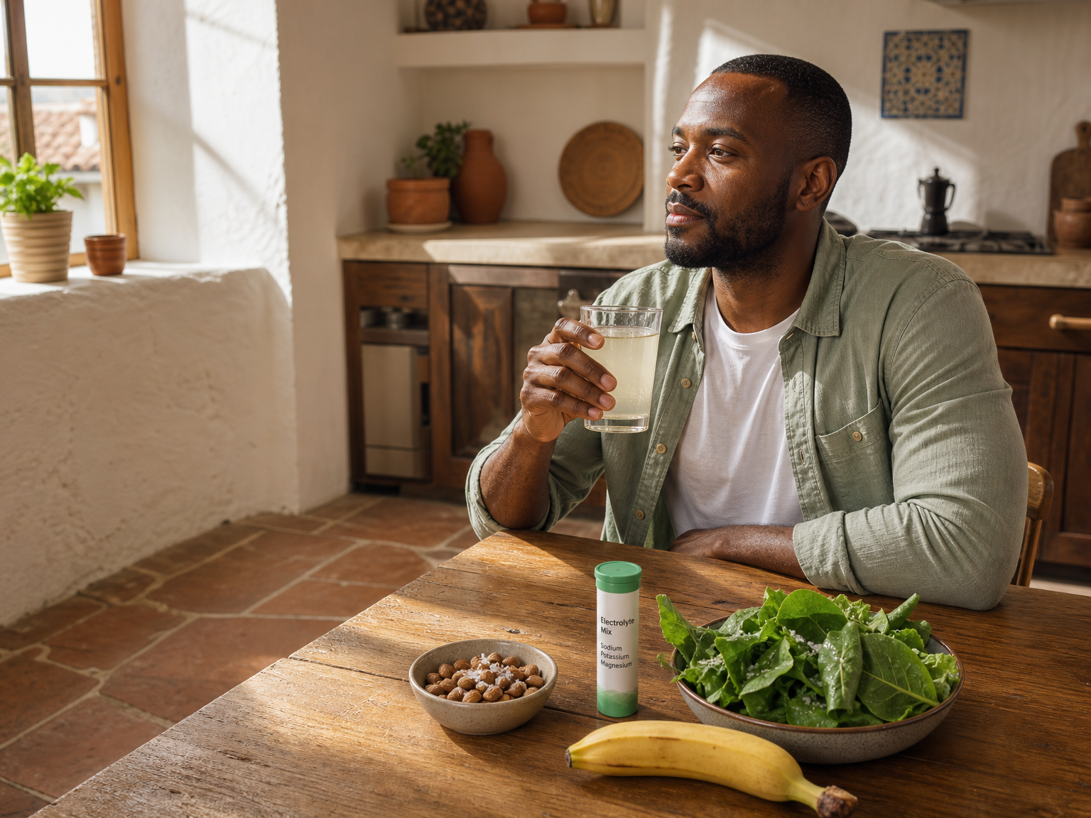 Man sitting at a kitchen table with water, electrolyte drink and mineral-rich foods.