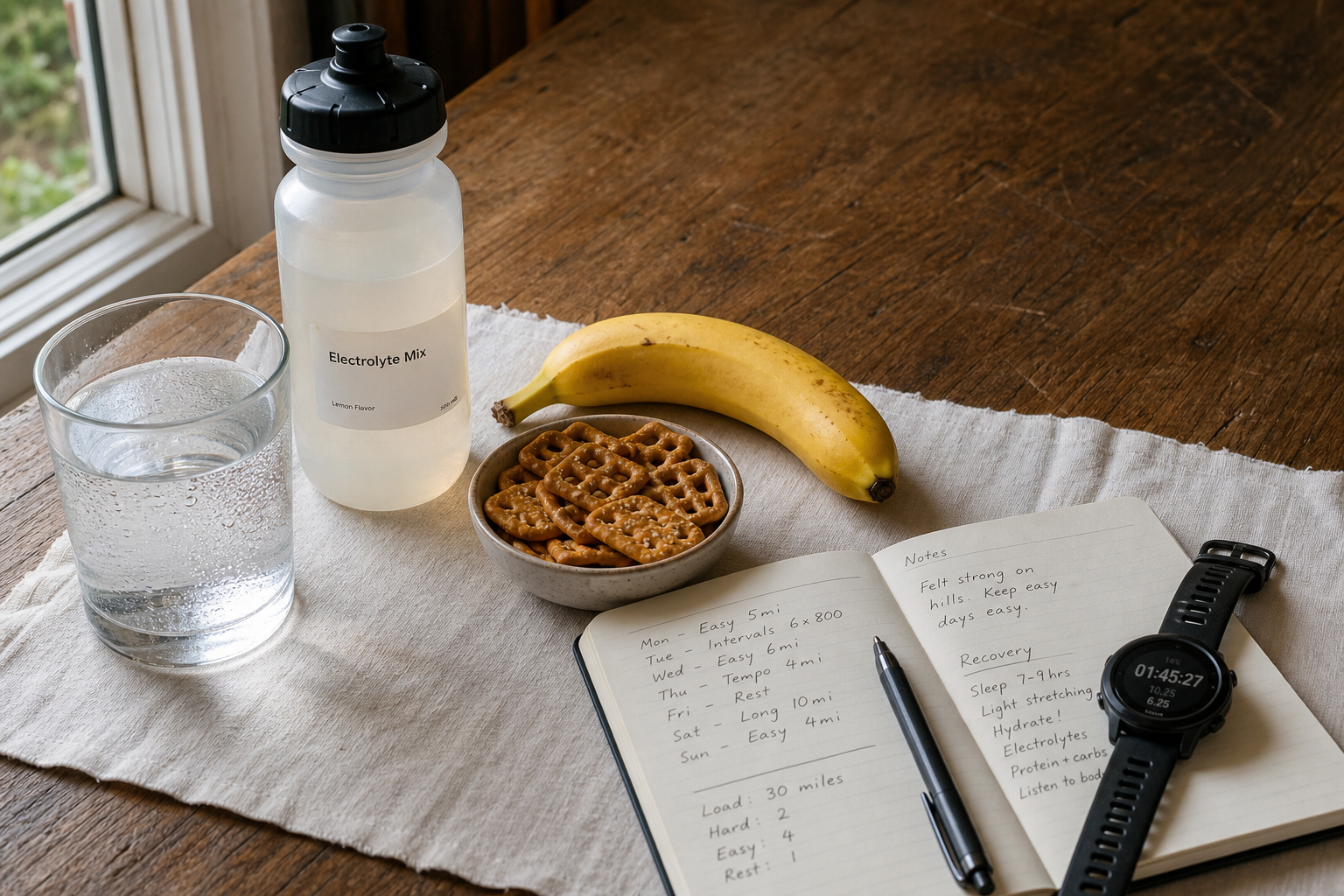 Hydration, electrolytes, snacks, and training notes arranged for muscle cramp prevention.