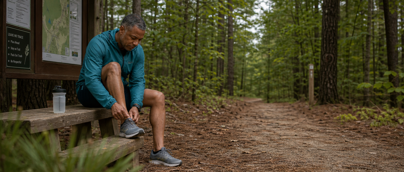 Recreational runner with a shaker bottle preparing for a trail workout.