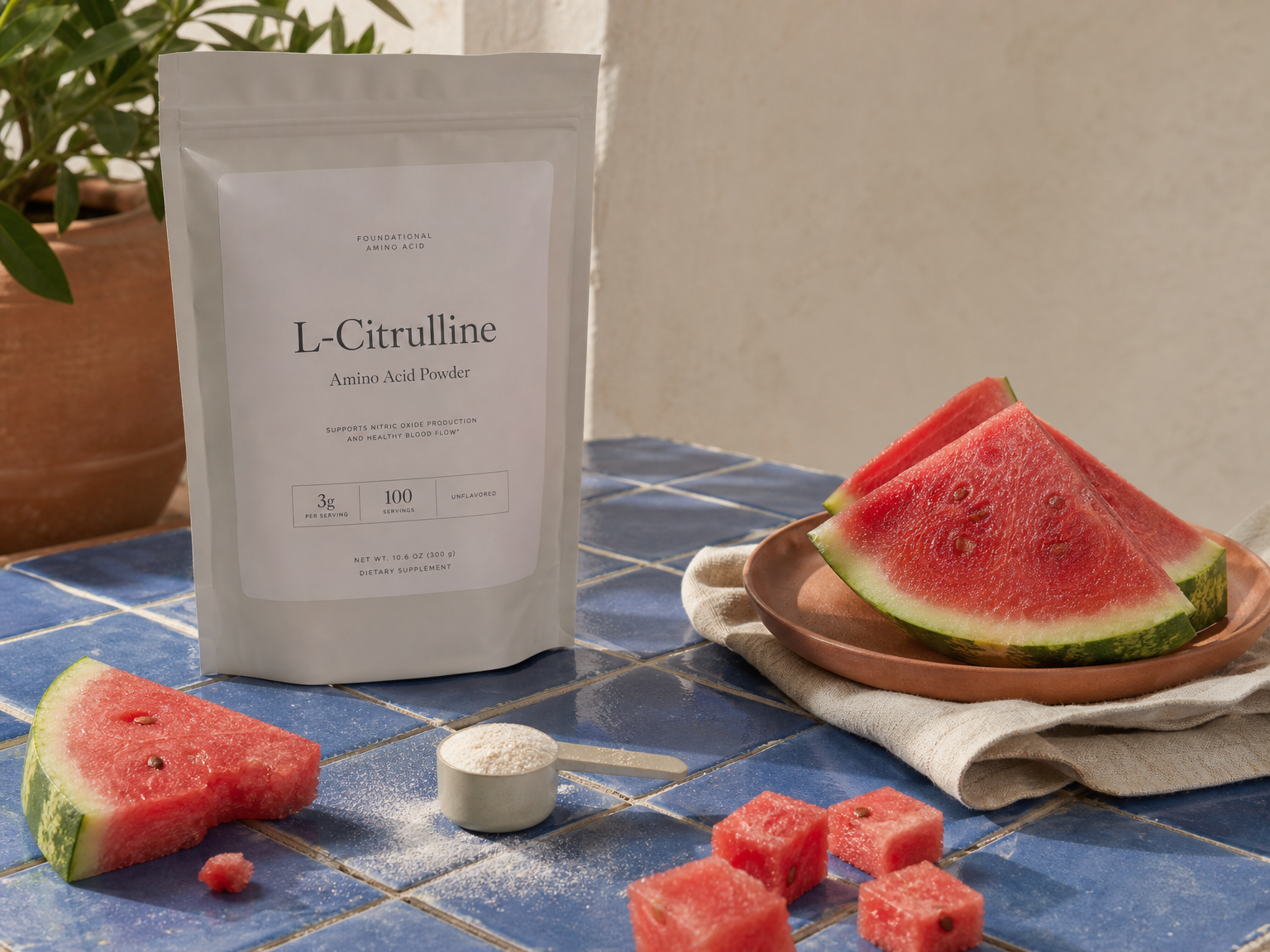 Watermelon slices with a scoop of L-citrulline powder on a styled table.