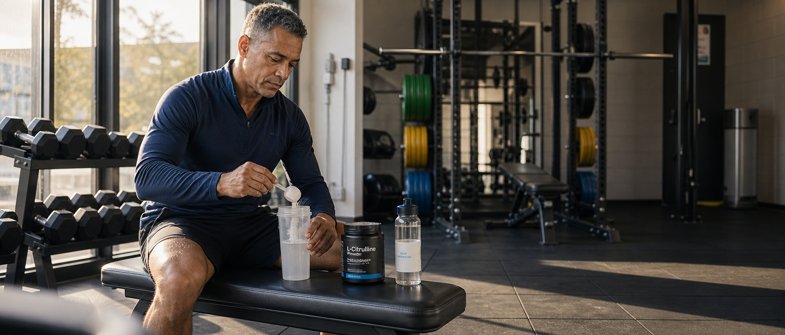 A man prepares a shaker with L-citrulline powder before a gym workout.