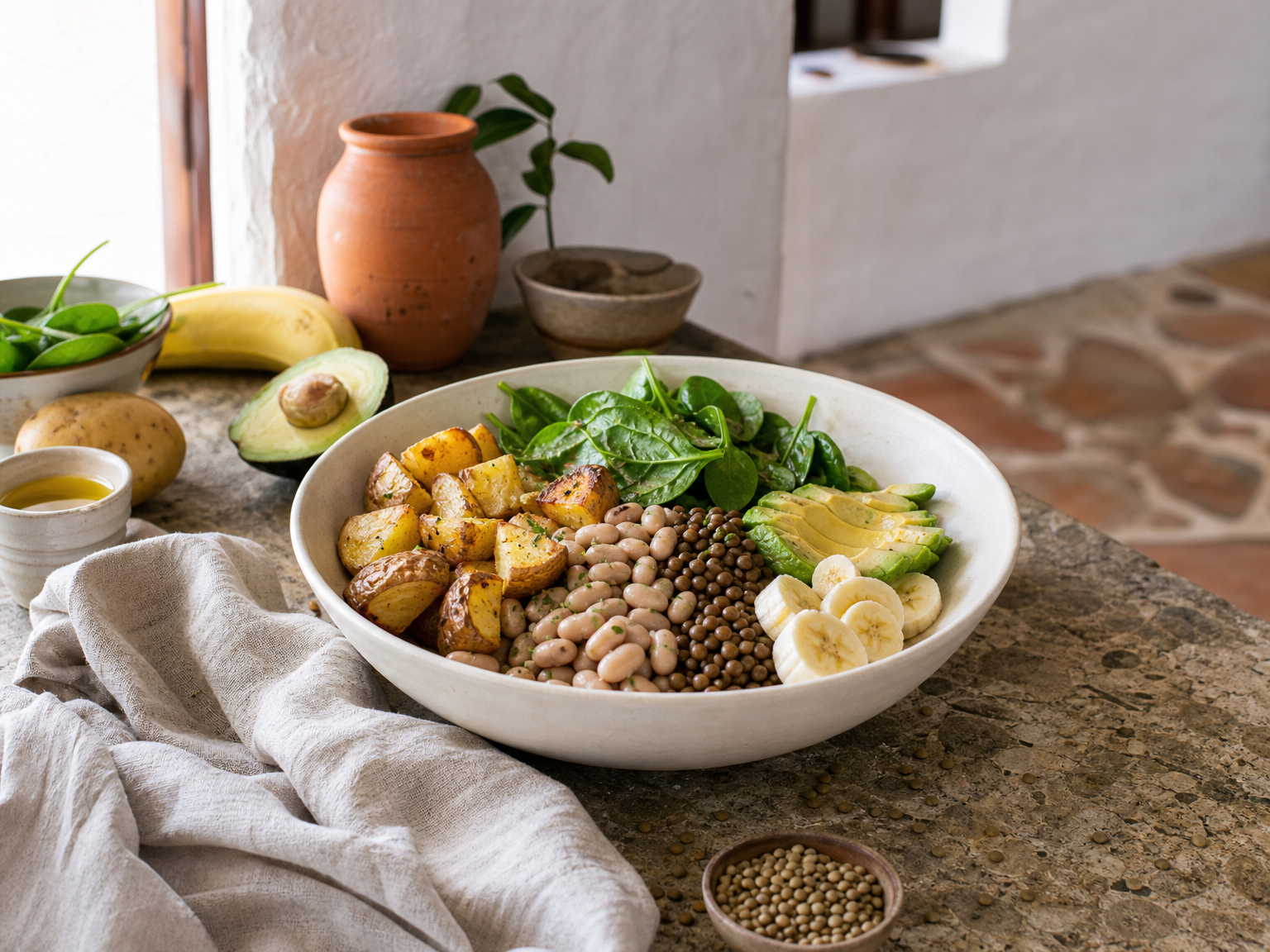 Bowl of potassium-rich foods including potatoes, beans, spinach, banana, and avocado.