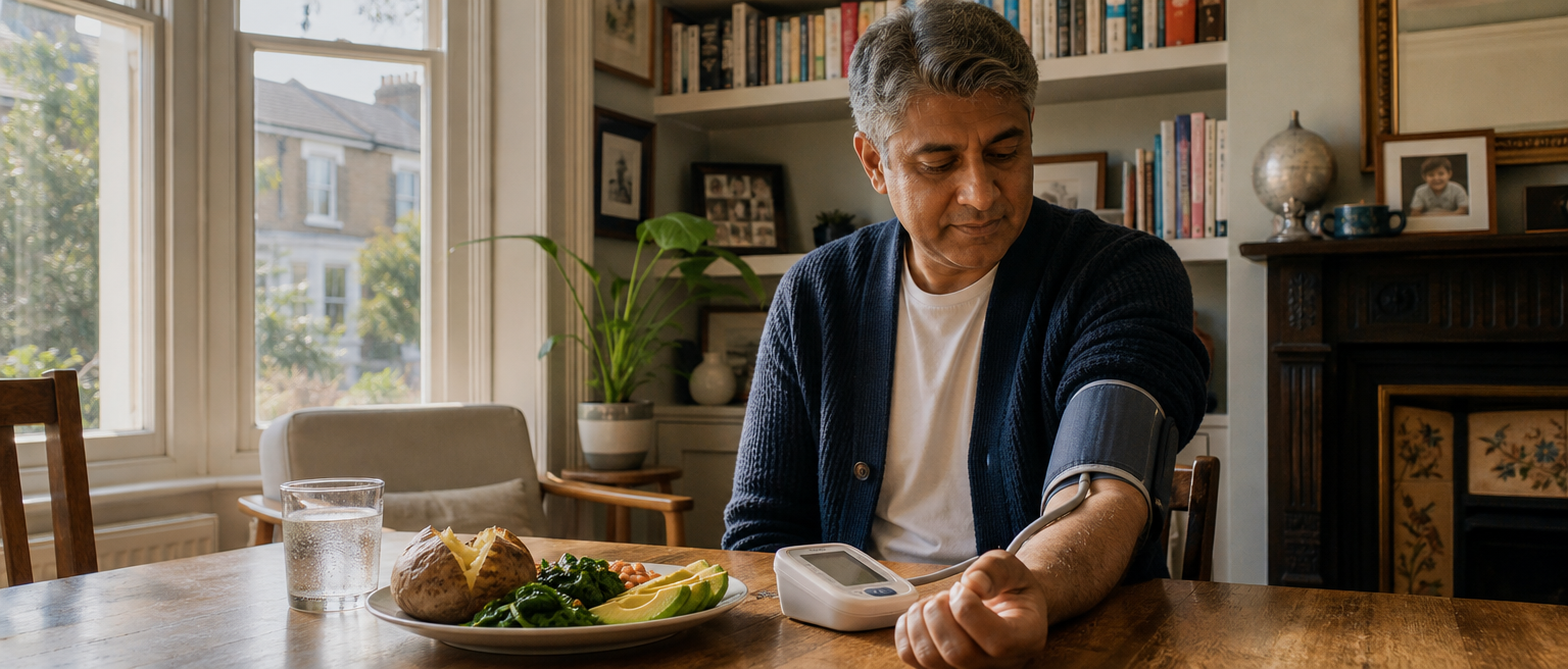 Man checking blood pressure at home beside a potassium-rich meal.