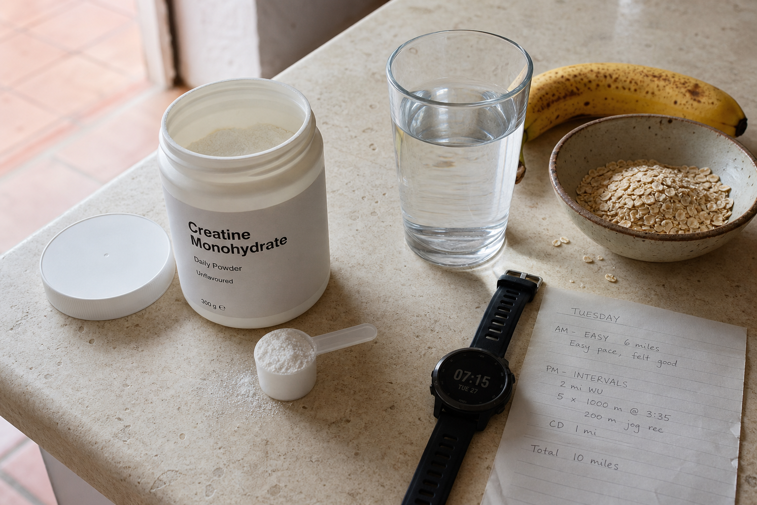 Level scoop of creatine beside water, breakfast, and running gear.