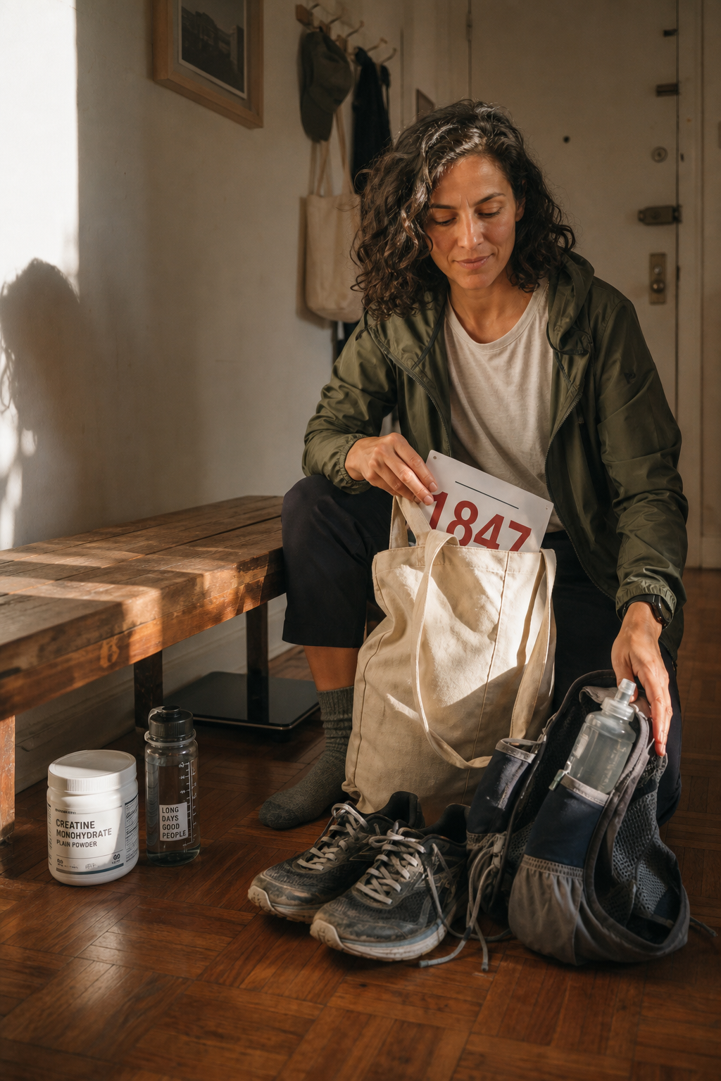 Runner packing race gear beside water, a generic creatine tub, and an understated scale.