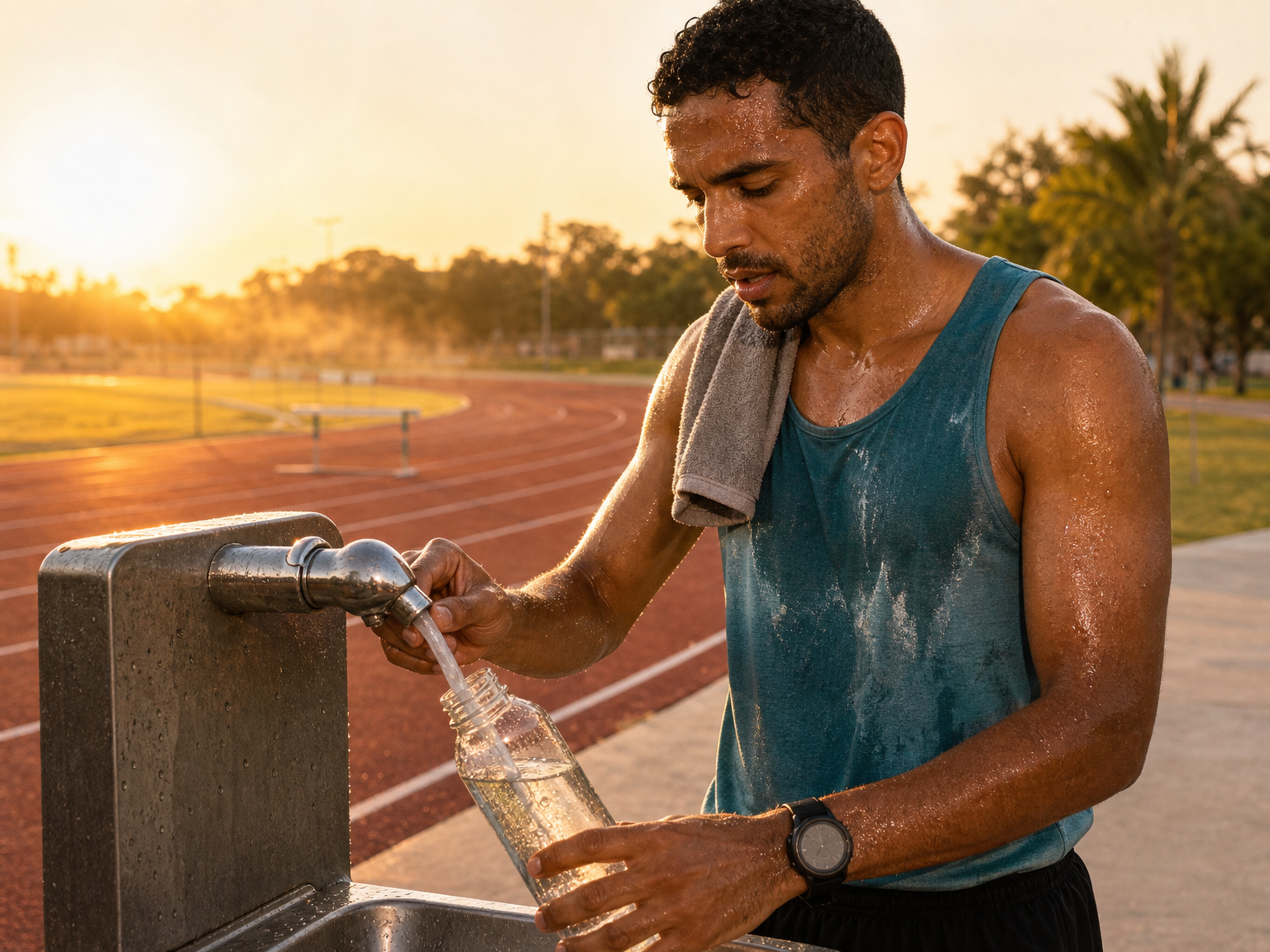 Sweaty athlete refilling a sports bottle after a hot training session.