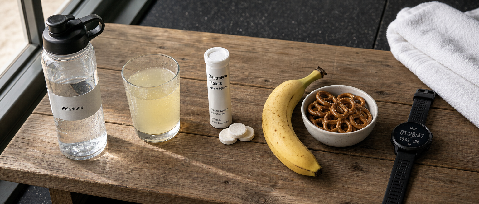 Water, electrolyte drink, generic sodium tablets, banana and salty snacks arranged for sports hydration.