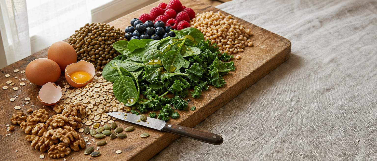 A man prepares a low-glycemic meal with lentils, vegetables, greens, and seeds.
