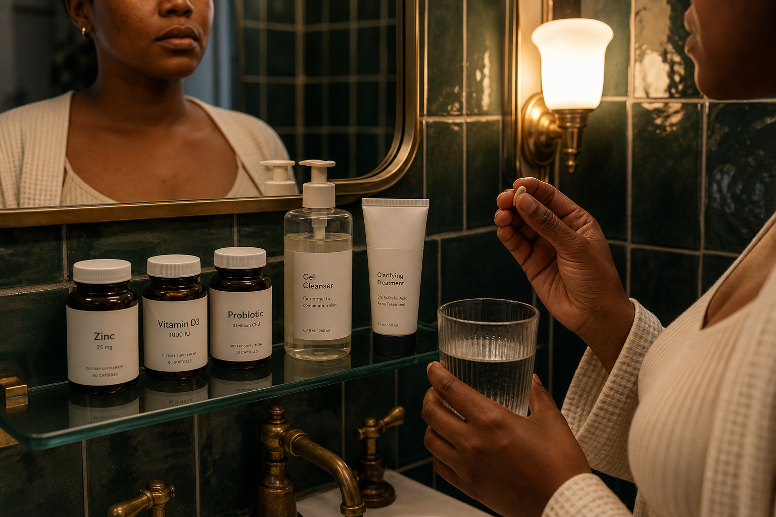 Generic zinc, vitamin D, and probiotic supplements beside an evening skincare routine.