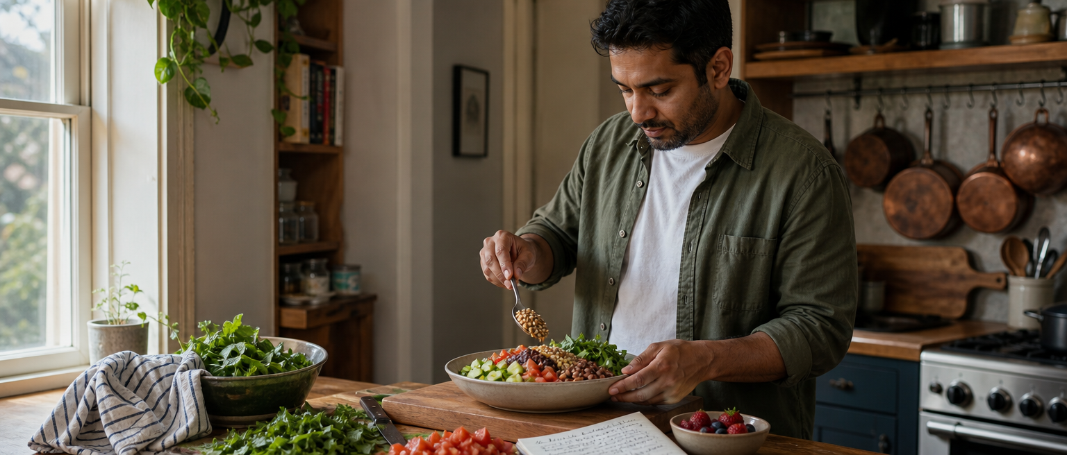 Man preparing a low-glycemic lunch bowl with lentils, barley, greens, vegetables, and berries.