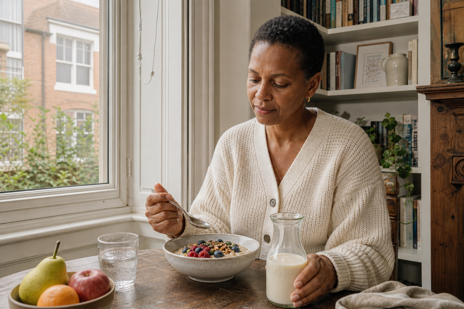 Woman eating oat porridge with berries and seeds beside an unbranded jug of plant milk.