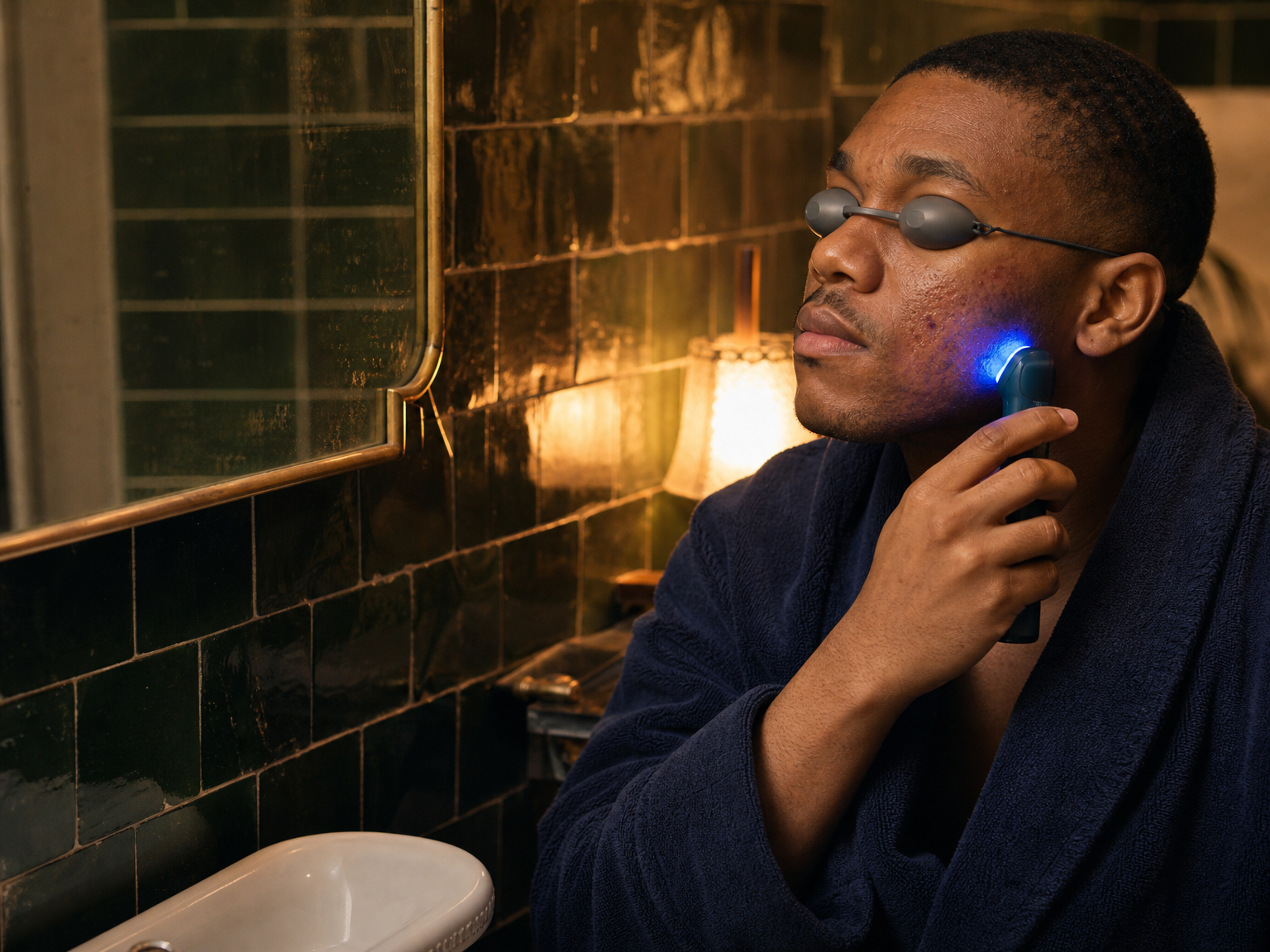 Man with mild acne using a blue LED acne therapy device while wearing protective eye shields.