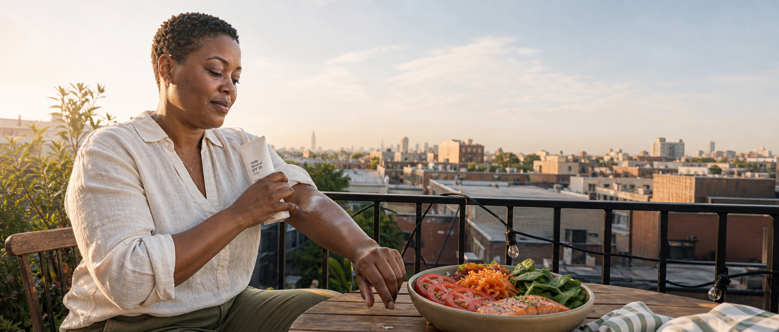 Woman applying sunscreen beside a bowl of tomatoes, carrots, spinach and salmon on a sunny balcony.