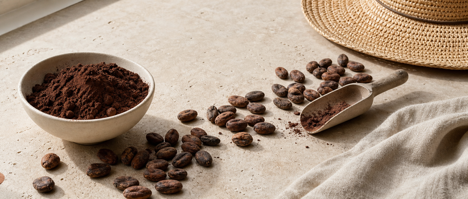 Cocoa beans and dark cocoa powder beside a straw sun hat on a light table.