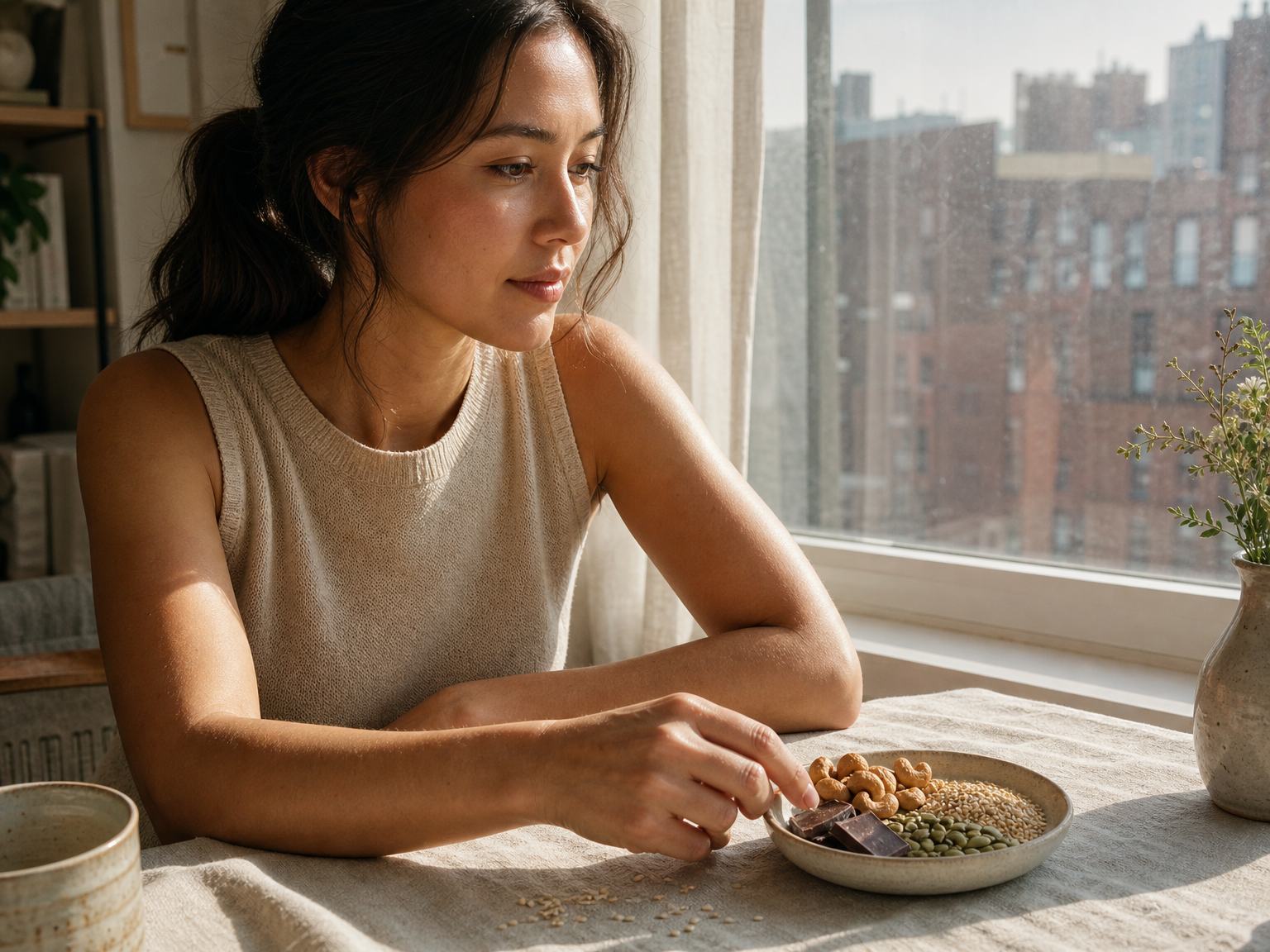 Healthy sun-exposed skin beside copper-rich nuts and seeds in soft natural light.