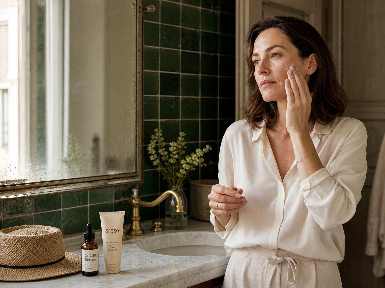 Woman applying CoQ10 serum beside sunscreen during a morning skincare routine.