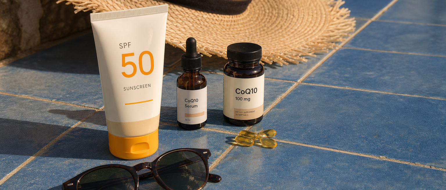 Generic sunscreen, CoQ10 serum and CoQ10 capsules arranged with sunglasses and a sun hat.