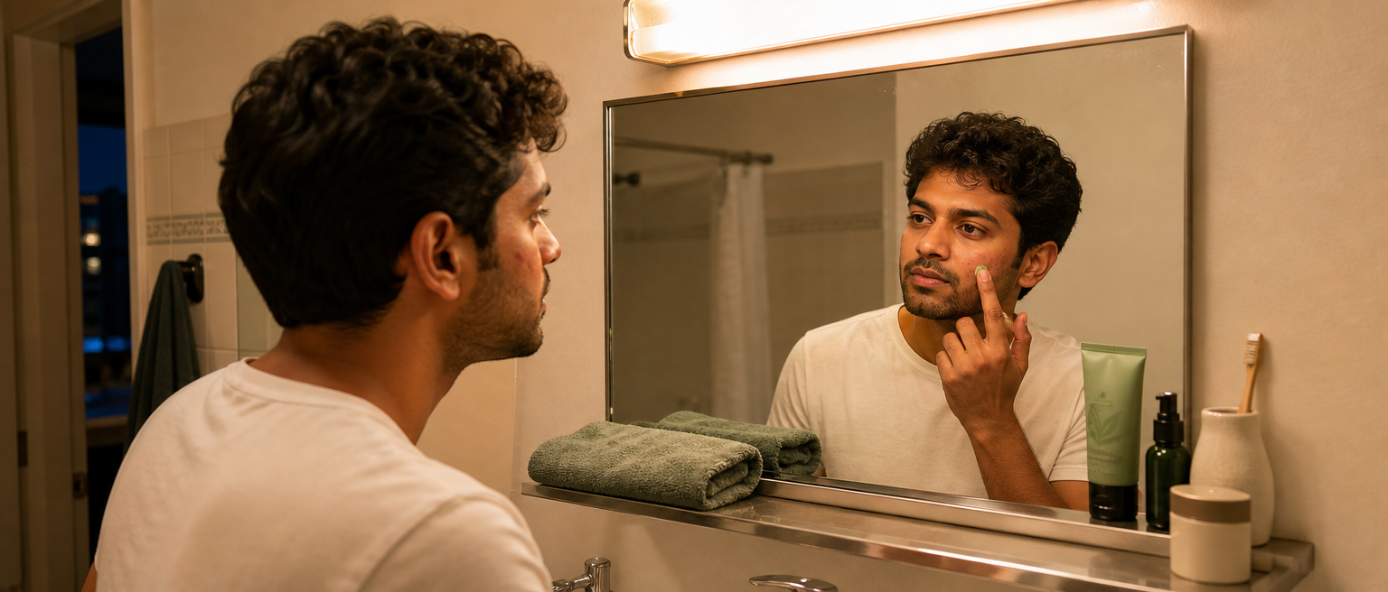A man with mild acne applies a generic green tea gel as part of an evening skincare routine.