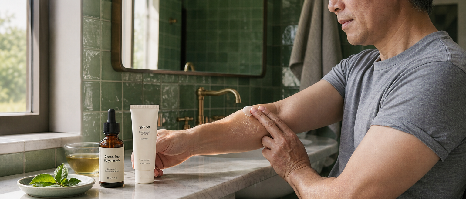 Person applying a topical green tea skincare product beside generic sunscreen.