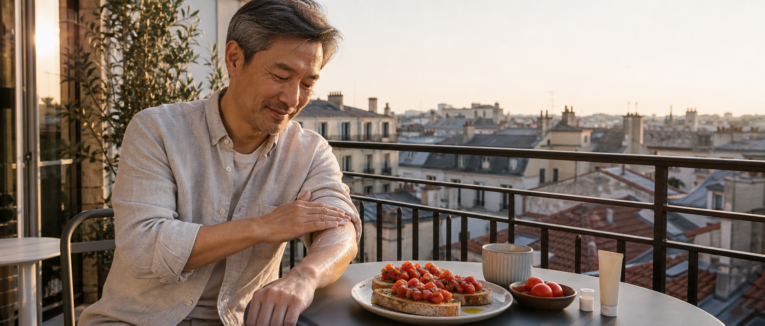 Man applying sunscreen beside a tomato-rich breakfast on a sunny balcony.