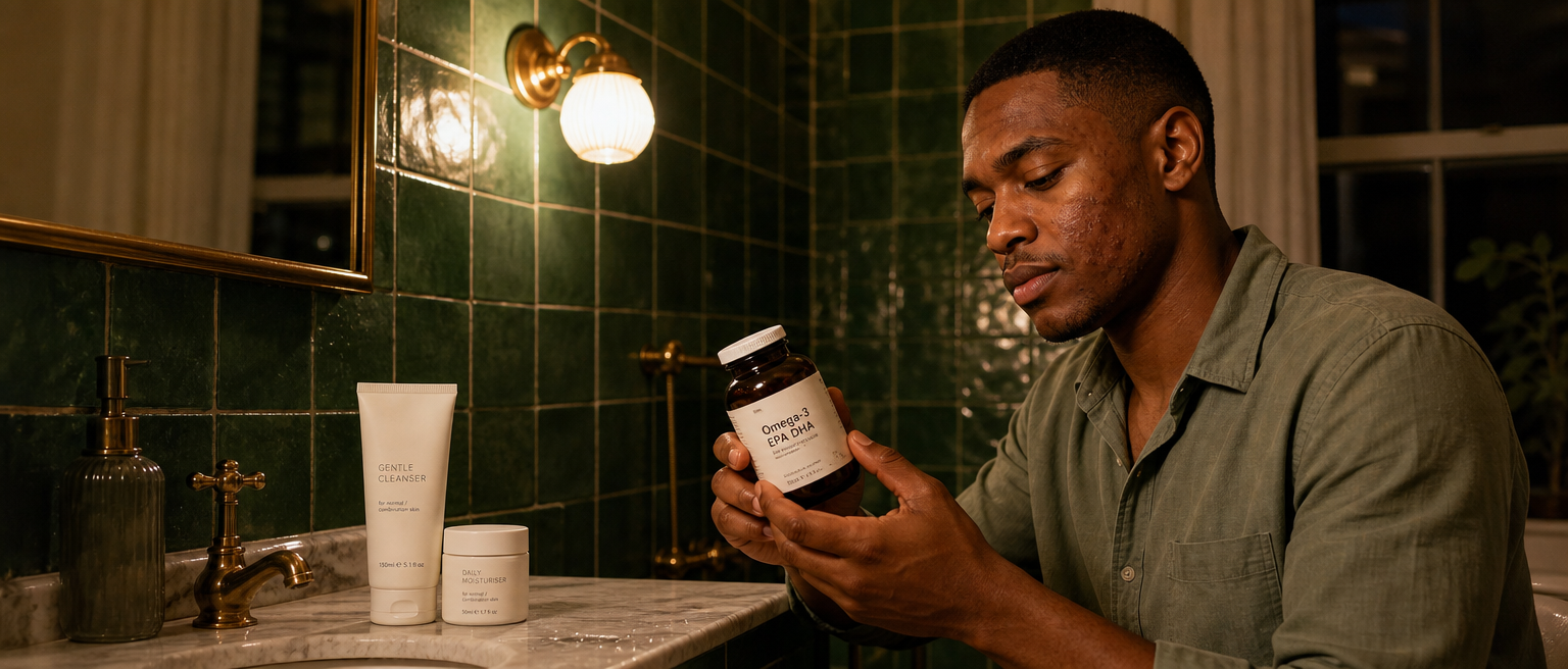 A man with mild acne reads a generic omega-3 supplement label beside gentle skincare products.