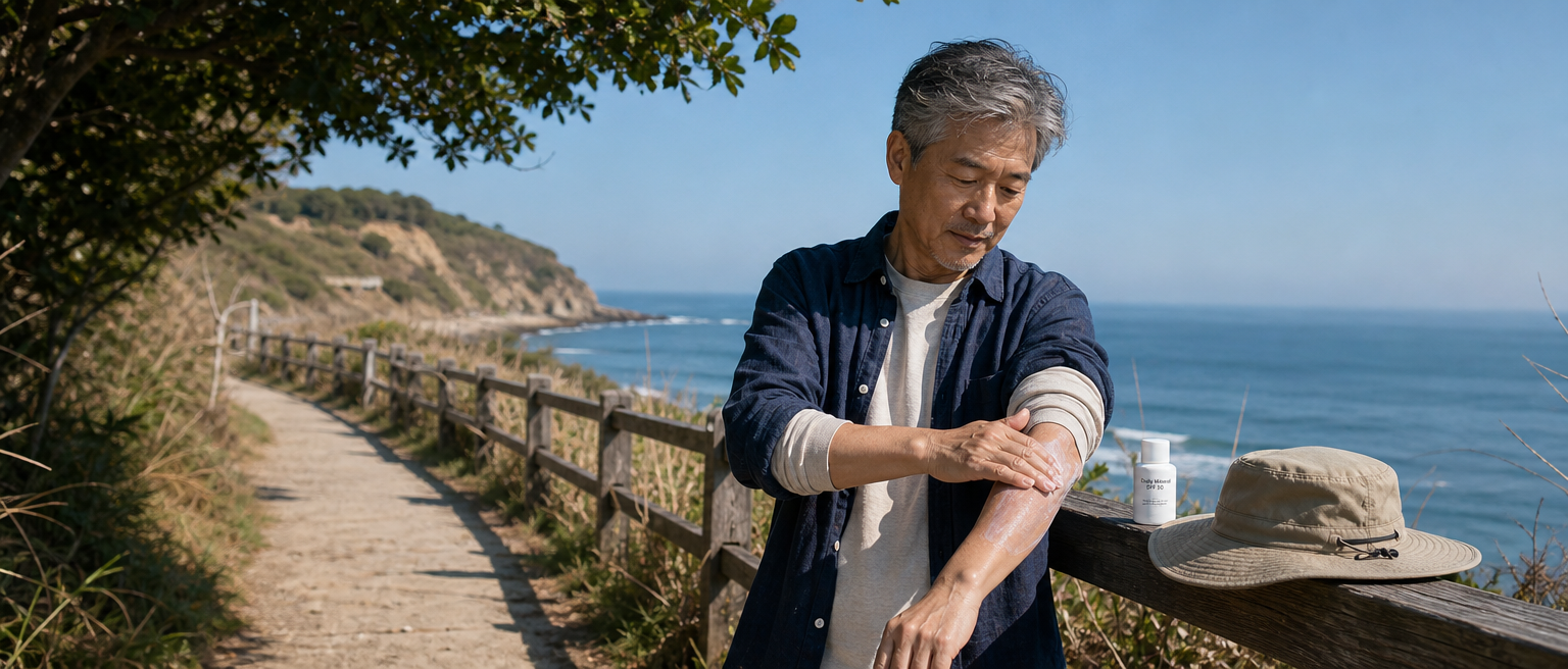 Man applies sunscreen before walking outdoors in sunny weather.