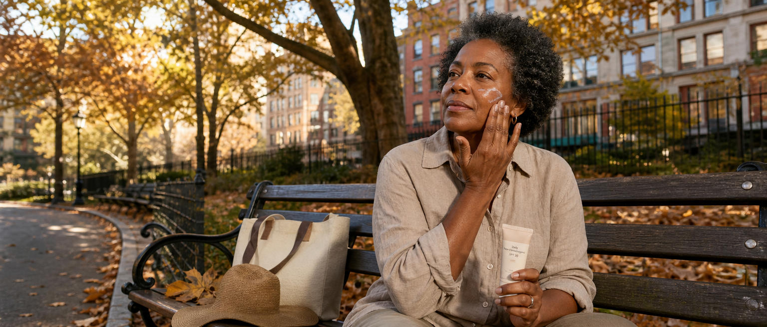 Woman applying sunscreen outdoors before sun exposure as part of acne-safe skincare.
