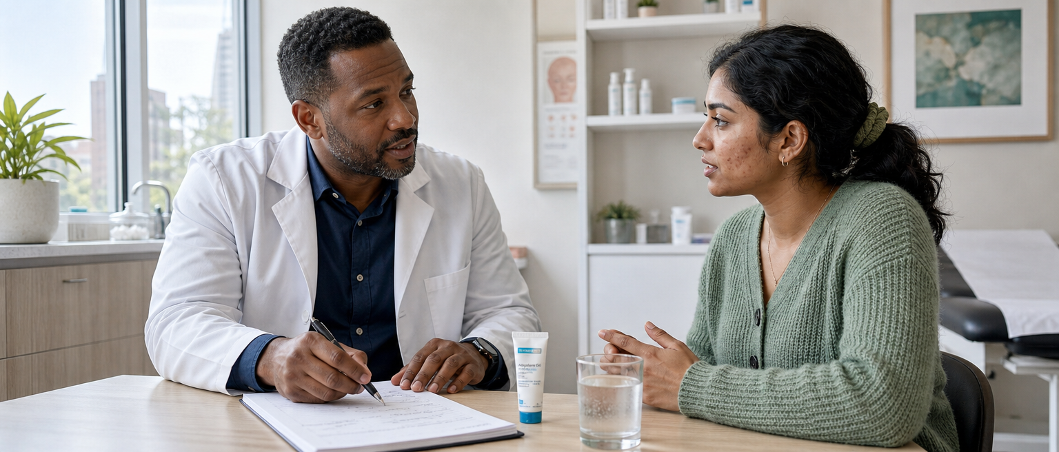 Dermatologist discussing acne treatment options with an adult patient in a clinic.