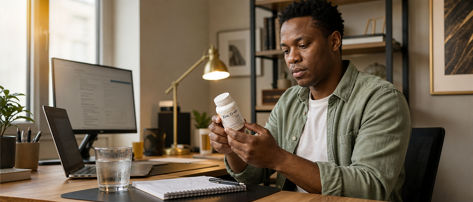 Person with mild acne reading a generic zinc supplement label beside a glass of water.