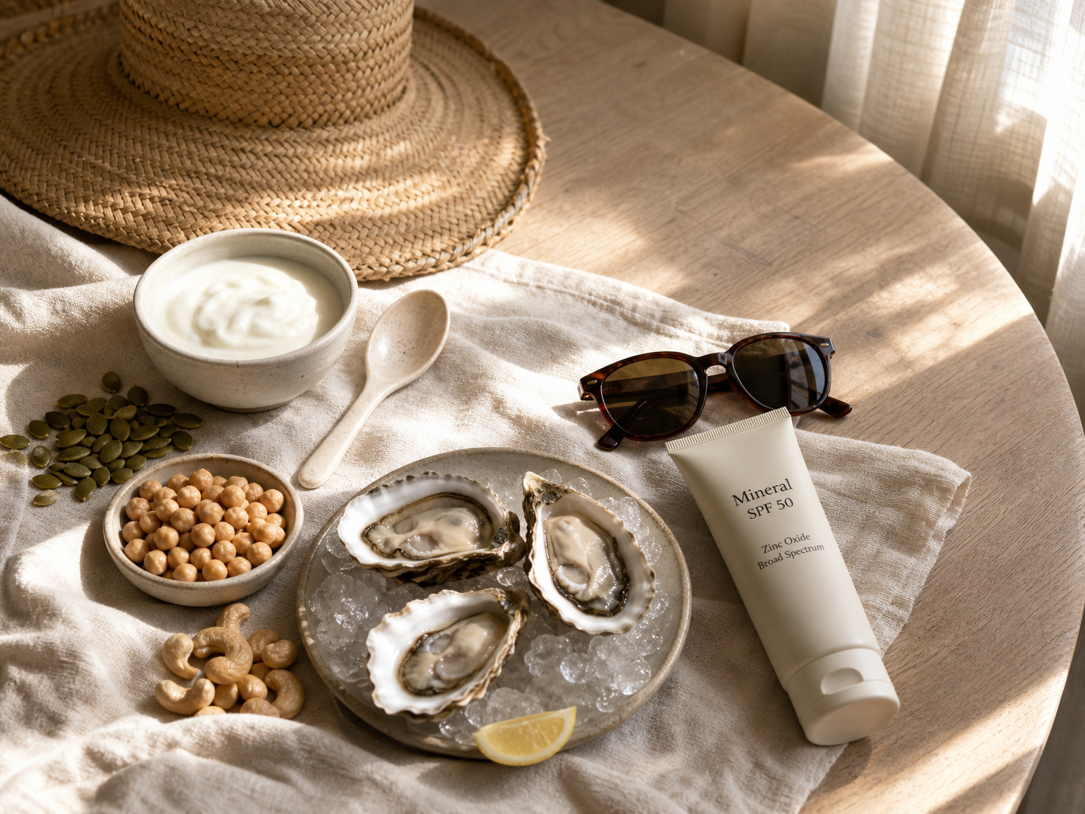 Zinc-rich foods beside mineral sunscreen and a sunhat on a bright summer table.