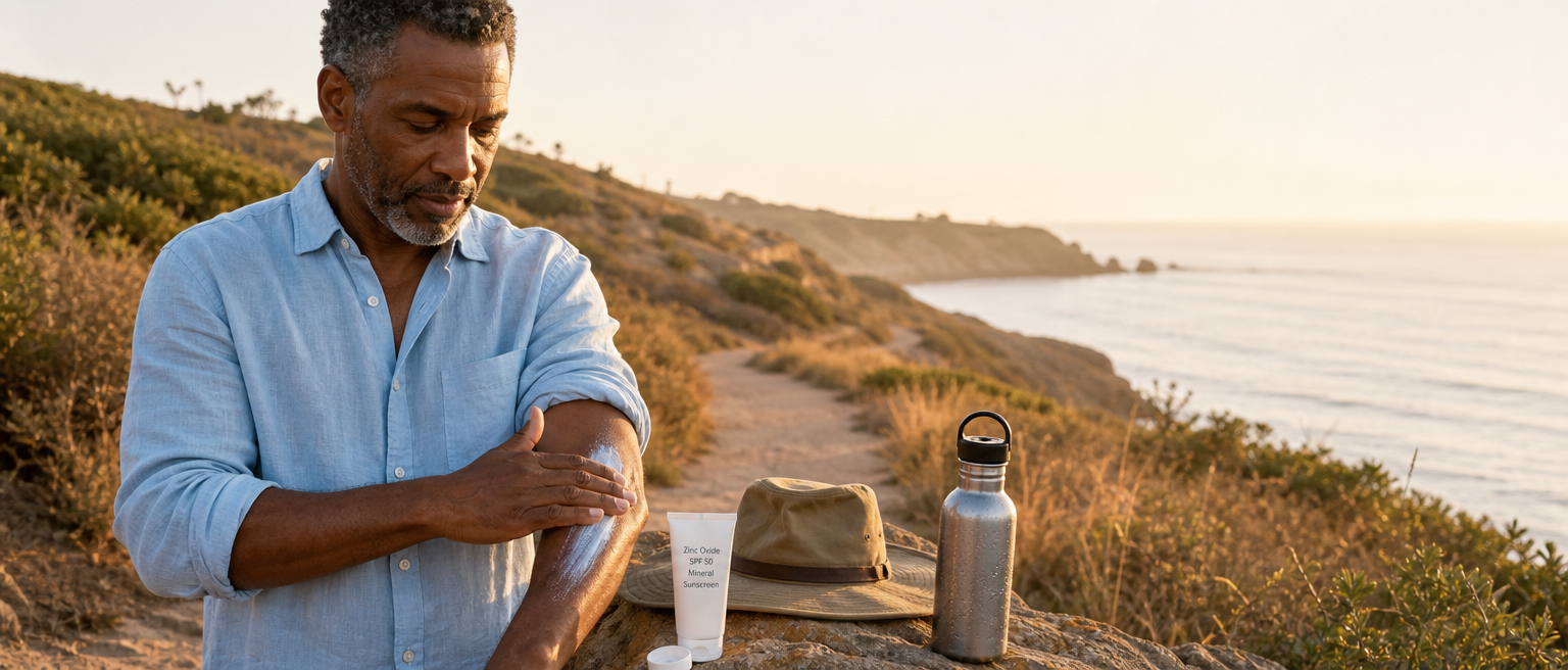 A man applying zinc oxide mineral sunscreen to his forearm before going outdoors.