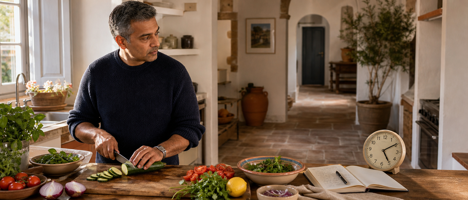 A man prepares vegetables in a home kitchen while planning an eating schedule.