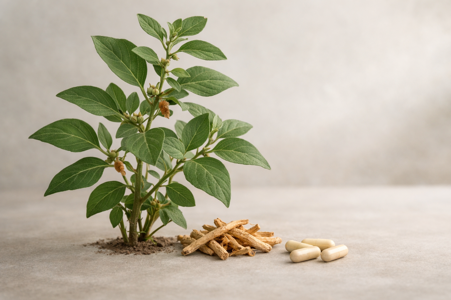Ashwagandha roots, capsules, and supplement bottle on a clean surface