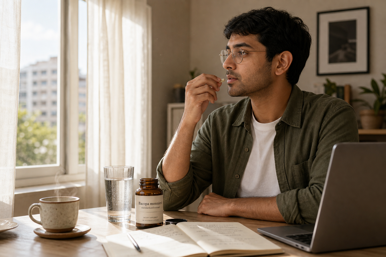 Person taking a Bacopa monnieri supplement at a home office desk