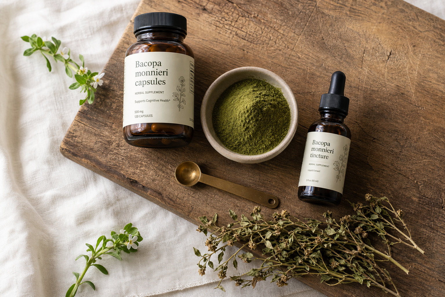 Flat lay of Bacopa monnieri capsules, powder, tincture, and dried herb