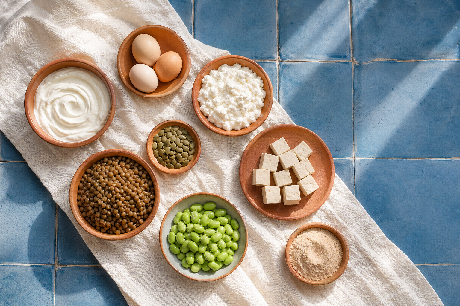 Plant and animal protein foods arranged to compare amino acid sources