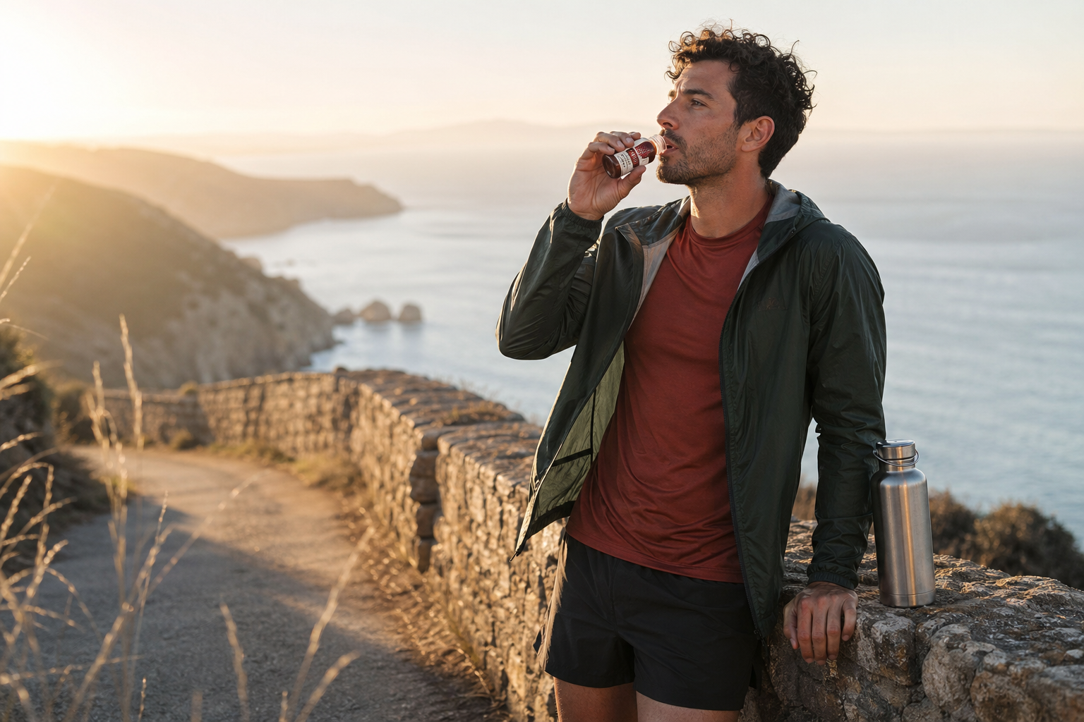 Runner on a coastal path holding a beetroot nitrate shot after training